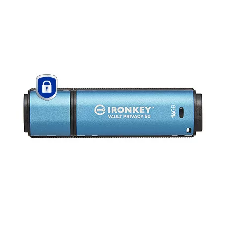 Kingston Technology IronKey Vault Privacy 50, 16 GB, USB A típus, 3.2 Gen 1 (3.1 Gen 1), 250 MB/s, Kupakos, Fekete, Kék