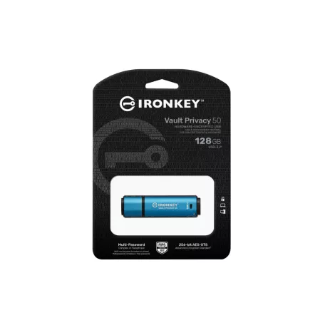 Kingston Technology IronKey Vault Privacy 50, 128 GB, USB A típus, 3.2 Gen 1 (3.1 Gen 1), 250 MB/s, Kupakos, Fekete, Kék