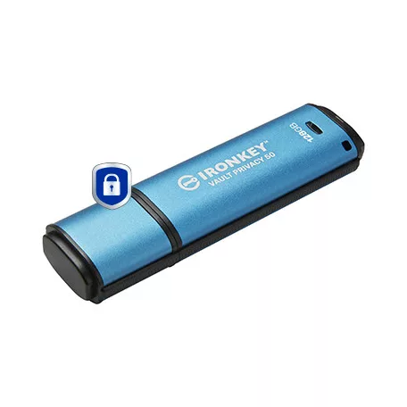 Kingston Technology IronKey Vault Privacy 50, 128 GB, USB A típus, 3.2 Gen 1 (3.1 Gen 1), 250 MB/s, Kupakos, Fekete, Kék