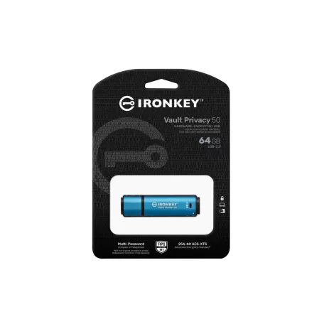 Kingston Technology IronKey Vault Privacy 50, 64 GB, USB A típus, 3.2 Gen 1 (3.1 Gen 1), 250 MB/s, Kupakos, Fekete, Kék