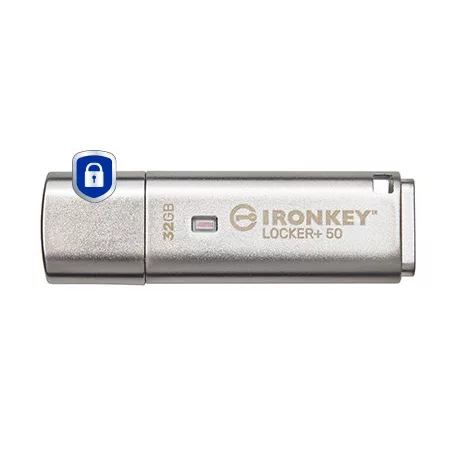 Kingston Technology IronKey Locker+ 50, 32 GB, USB A típus, 3.2 Gen 1 (3.1 Gen 1), 145 MB/s, Kupakos, Ezüst