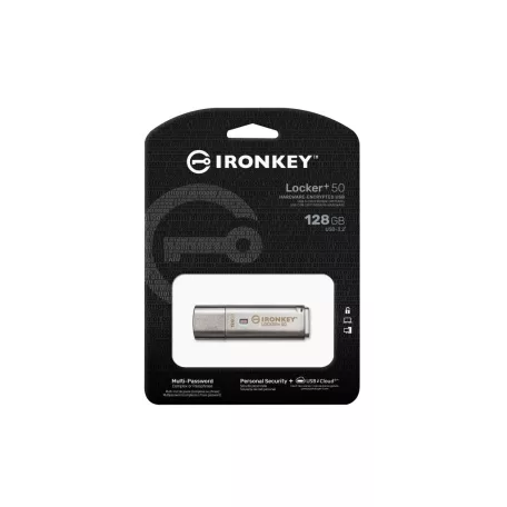 Kingston Technology IronKey Locker+ 50, 128 GB, USB A típus, 3.2 Gen 1 (3.1 Gen 1), 145 MB/s, Kupakos, Ezüst