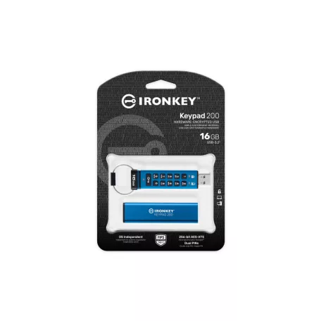 Kingston Technology IronKey Keypad 200, 16 GB, USB A típus, 3.2 Gen 1 (3.1 Gen 1), 145 MB/s, Siklócsapágy, Kék