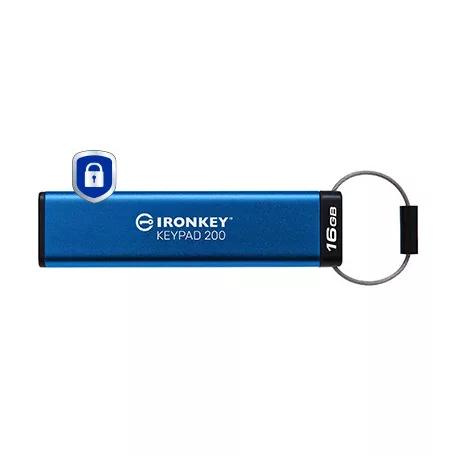 Kingston Technology IronKey Keypad 200, 16 GB, USB A típus, 3.2 Gen 1 (3.1 Gen 1), 145 MB/s, Siklócsapágy, Kék