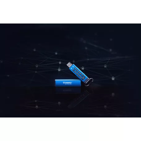 Kingston Technology IronKey Keypad 200, 128 GB, USB A típus, 3.2 Gen 1 (3.1 Gen 1), 145 MB/s, Siklócsapágy, Kék