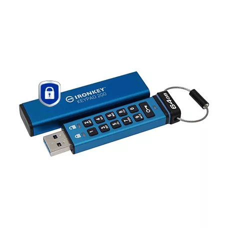 Kingston Technology IronKey Keypad 200, 64 GB, USB A típus, 3.2 Gen 1 (3.1 Gen 1), 145 MB/s, Siklócsapágy, Kék