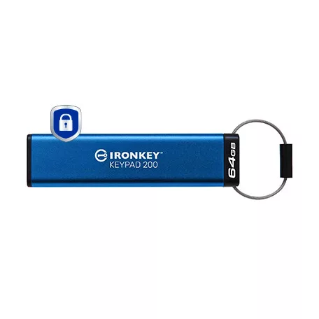 Kingston Technology IronKey Keypad 200, 64 GB, USB A típus, 3.2 Gen 1 (3.1 Gen 1), 145 MB/s, Siklócsapágy, Kék