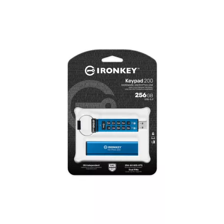 Kingston Technology IronKey Keypad 200, 256 GB, USB A típus, 3.2 Gen 1 (3.1 Gen 1), 145 MB/s, Siklócsapágy, Kék