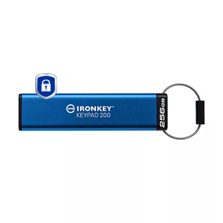 Kingston Technology IronKey Keypad 200, 256 GB, USB A típus, 3.2 Gen 1 (3.1 Gen 1), 145 MB/s, Siklócsapágy, Kék