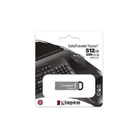 Kingston Technology DataTraveler Kyson, 512 GB, USB A típus, 3.2 Gen 1 (3.1 Gen 1), 200 MB/s, Kupak nélküli, Ezüst