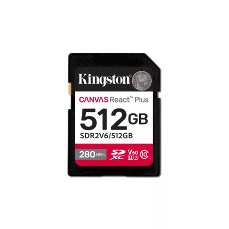 Kingston Technology Canvas React Plus, 512 GB, SDXC, Class 10, UHS-II, 280 MB/s, 150 MB/s