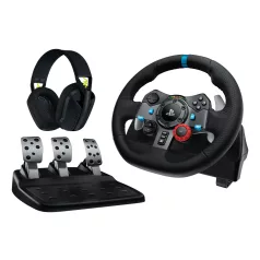   Logitech G 991-000539, Kormánykerék + pedálok + fejhallgató, PC, PlayStation 4, PlayStation 5, Playstation 3, 900°, Vezetékes, USB, Alumínium, Fekete