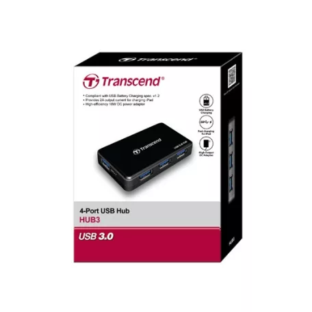 Transcend HUB3, USB 3.2 Gen 1 (3.1 Gen 1) Type-A, Fekete, CE/FCC/BSMI/KC/RCM/EAC, 5 - 12 V, Windows 10, Windows 7, Windows 8, Mac OS X 10.2 Jaguar