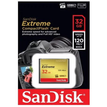 SanDisk 32GB Extreme, 32 GB, CompactFlash, 120 MB/s, 85 MB/s, Fekete, Arany, Vörös