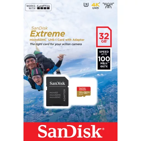 SanDisk Extreme, 32 GB, MicroSDHC, Class 10, UHS-I, 100 MB/s, 60 MB/s
