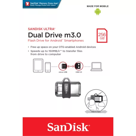 SanDisk Ultra Dual m3.0, 256 GB, USB Type-A / Micro-USB, 3.2 Gen 1 (3.1 Gen 1), 150 MB/s, Tolattyú, Fekete, Ezüst, Átlátszó