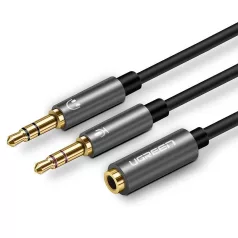   UGREEN AUX audio splitter fülhallgató + mikrofon 3,5 mm-es mini jack kábel, 28 cm (fekete-szürke)