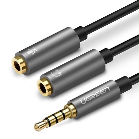 UGREEN AUX audio elosztó 3,5 mm-es mini jack kábel (male) fejhallgatóhoz + mikrofonhoz (female), 20 cm (fekete-szürke)