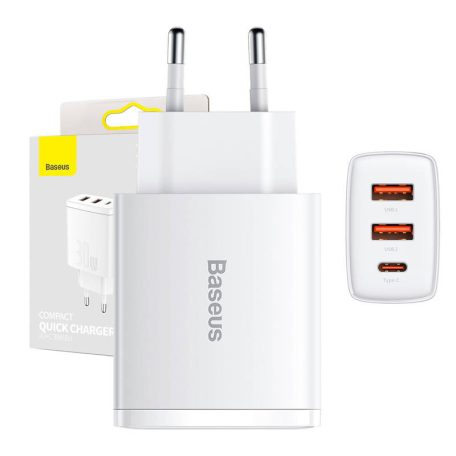 Baseus kompakt gyorstöltő, 2xUSB, USB-C, PD, 3A, 30 W (fehér)