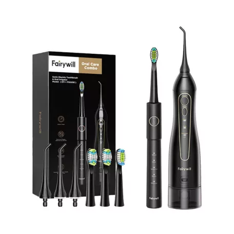 FairyWill FW-5020E + FW-E11 szónikus fogkefe fejkészlettel és szájzuhannyal (fekete)