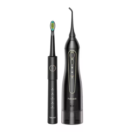 FairyWill FW-5020E + FW-E11 szónikus fogkefe fejkészlettel és szájzuhannyal (fekete)