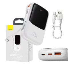   Powerbank Baseus Qpow Pro USB-C kábellel, USB-C, USB, 10000mAh, 22.5W (fehér)