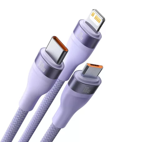 Baseus Flash Series 2, 3 az 1-ben USB kábel, USB-C / Micro-USB / Lightning, 100W, 1.5m (lila)