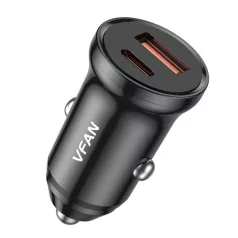   VFAN C03 autós töltő, USB + USB-C, 20W, PD + QC 3.0 (fekete)