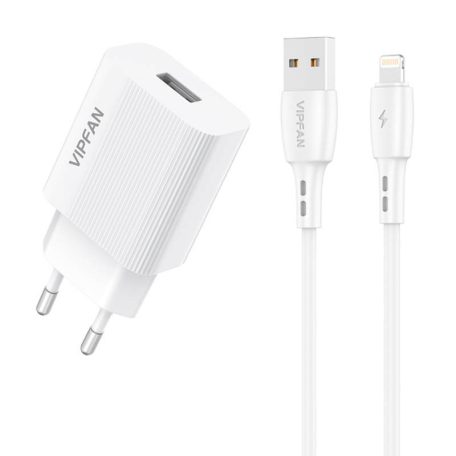 Vipfan E01 hálózati töltő, 1x USB, 2,4A + Lightning kábel (fehér)