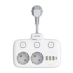   Power strip 2 AC konnektorral, 3x USB, USB-C, LDNIO SE2435, 2500W (fehér)
