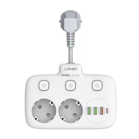 Power strip 2 AC konnektorral, 3x USB, USB-C, LDNIO SE2435, 2500W (fehér)