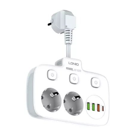 Power strip 2 AC konnektorral, 3x USB, USB-C, LDNIO SE2435, 2500W (fehér)