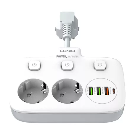 Power strip 2 AC konnektorral, 3x USB, USB-C, LDNIO SE2435, 2500W (fehér)