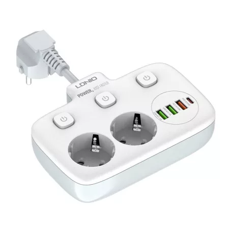 Power strip 2 AC konnektorral, 3x USB, USB-C, LDNIO SE2435, 2500W (fehér)