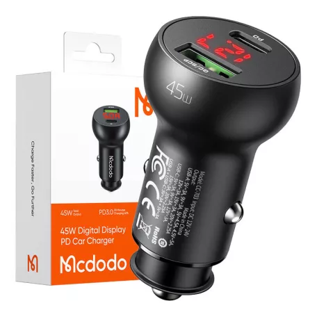 Mcdodo autós töltő CC-7030, USB + USB-C, kijelzővel, 45W (fekete)