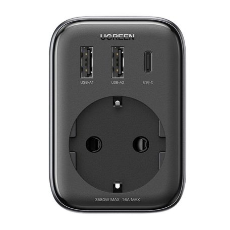 Mains charger with AC socket, 2x USB, USB-C Ugreen CD314, 30W (black)