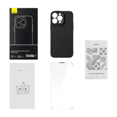   Baseus Synthetic Fiber Series (MagSafe) telefontok iPhone 14 Pro (fekete) + edzett üveg + tisztítókészlet