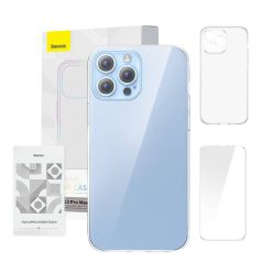   Baseus Crystal Clear Telefon tok iPhone 13 Pro Max-hoz (Áttetsző) + Edzett üveg kijelzővédő fólia + Tisztítókészlet
