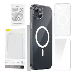   Baseus Crystal Clear mágneses telefontok iPhone 13 (átlátszó), edzett üvegfólia + tisztítókészlet