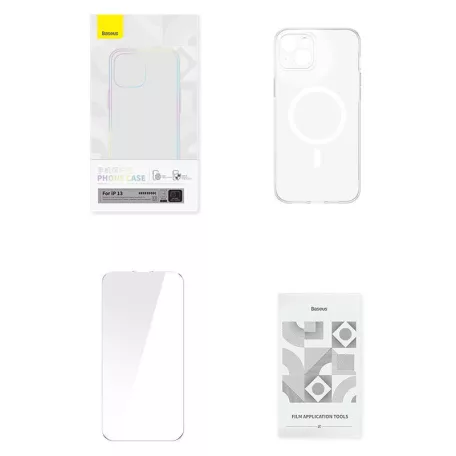 Baseus Crystal Clear mágneses telefontok iPhone 13 (átlátszó), edzett üvegfólia + tisztítókészlet