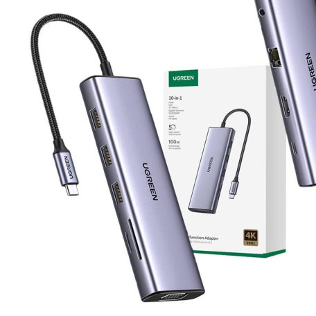 UGREEN Revodok CM498 10 az 1-ben adapter USB-C - 3x USB-A 3.0, HDMI, VGA, RJ45, SD/TF, AUX3,5 mm, PD
