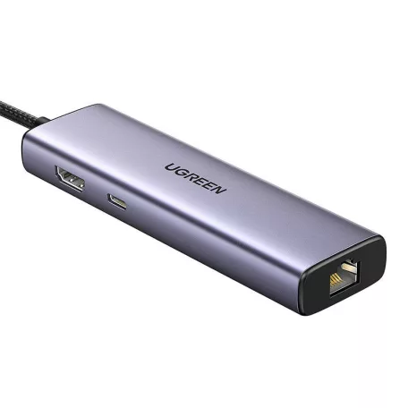 UGREEN CM512 6 az 1-ben adapter, USB-C–3x USB-A 3.0, HDMI, RJ45, PD