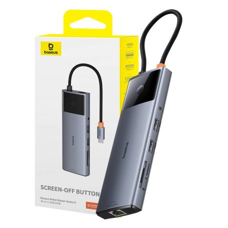 Baseus Metal Gleam II Series, Hub 10 az 1-ben, USB-C - 1xHDMI, USB-A (10Gbps), USB-C, 2xUSB-A, Ethernet RJ45, SD/TF kártya, mini-jack 3,5mm, USB-C(PD)