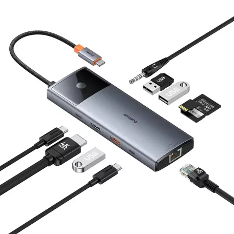 Baseus Metal Gleam II Series, Hub 10 az 1-ben, USB-C - 1xHDMI, USB-A (10Gbps), USB-C, 2xUSB-A, Ethernet RJ45, SD/TF kártya, mini-jack 3,5mm, USB-C(PD)