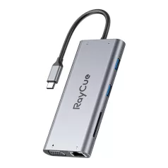   Hub 11w1 RayCue USB-C do 2x USB-A 2.0 480Mbps + 3x USB-A 3.2 5Gbps + SD/TF 3.0 + HDMI 4K30Hz + VGA 1080p + RJ45 + PD 3.0 100W (sary)
