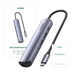   UGREEN CM418 hub/adapter, USB-C, 2x USB, HDMI 4K 30Hz, RJ45 1Gbps, PD 100W (szürke)