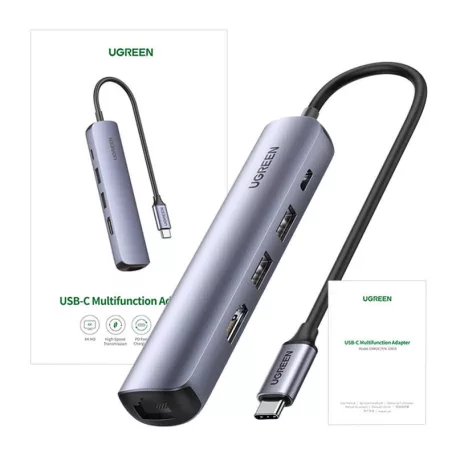 UGREEN CM418 hub/adapter, USB-C, 2x USB, HDMI 4K 30Hz, RJ45 1Gbps, PD 100W (szürke)