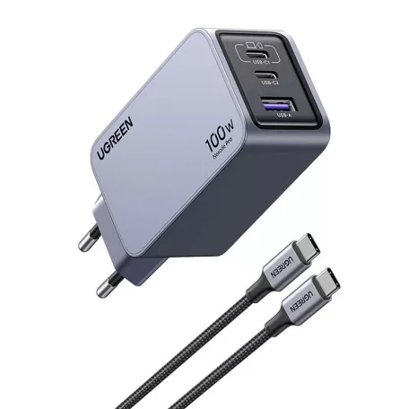 UGREEN Nexode Pro fali töltő, 100W, GaN, USB + 2x USB-C (szürke)