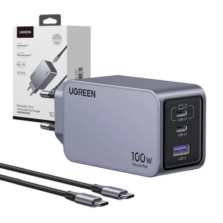 UGREEN Nexode Pro fali töltő, 100W, GaN, USB + 2x USB-C (szürke)