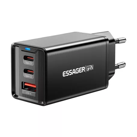 Essager ECTAC-KSB01-Z GaN 2xUSB-C, USB-A fali töltő, 67W (fekete)